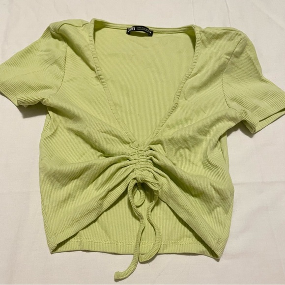 Zara Drawstring Scrunched V-Neck Cropped Ribbed T-Shirt Small - Picture 8 of 16